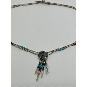 Sterling Silver Zuni Inlay Liquid Native‎ 3 Strand Pendant Teardrop 16" Necklace